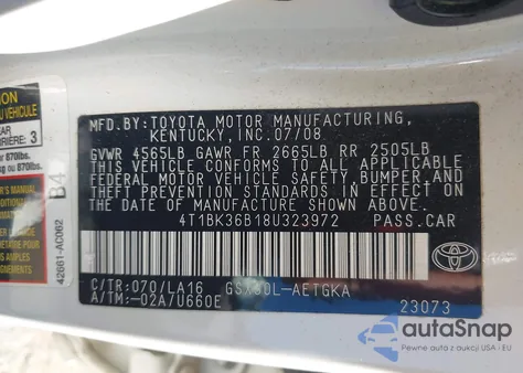 2008 Toyota Avalon Xls z USA, uszkodzony, nr VIN 4T1BK36B18U323972